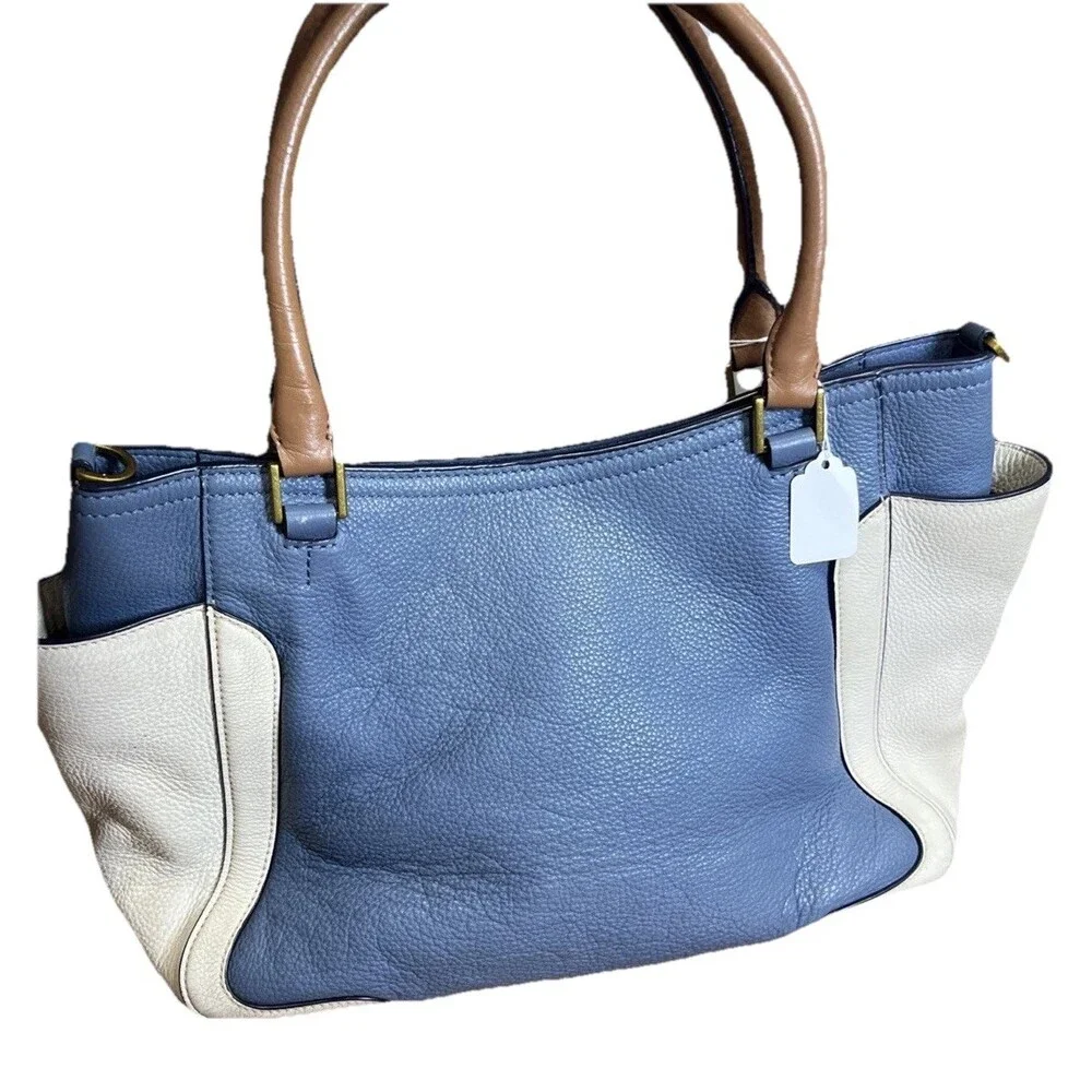 Tory Burch Frances Colorblock Satchel Pebbled Leather Handbag Comet Blue/White